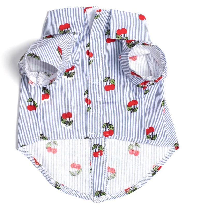 Cherries Striped Blue & White Collared Dog Shirt
