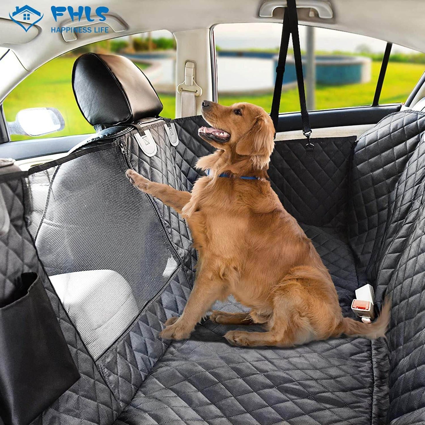 Stylish dog seat cover for SUVs with quilted black fabric protecting car's back seat and a golden retriever sitting