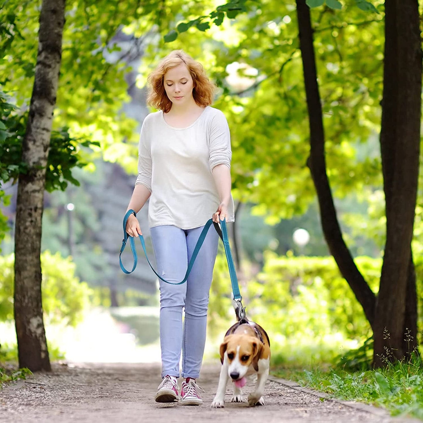 Woman walking a Beagle with a 5 foot durable dog leash for large dogs in a lush green park