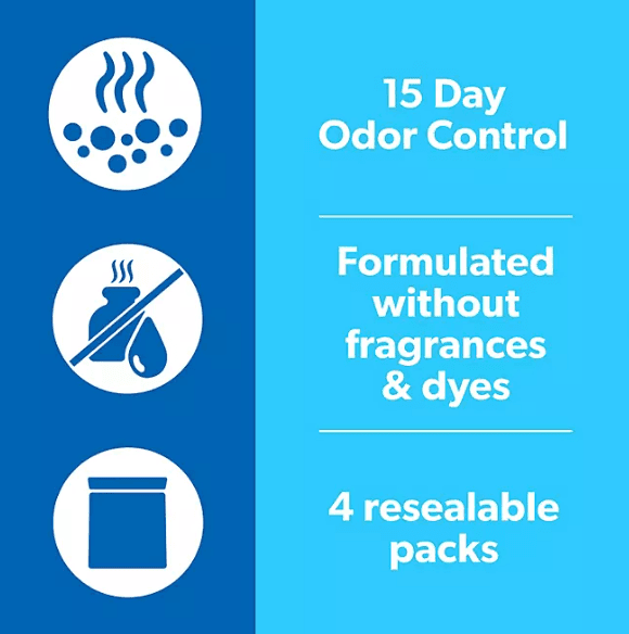 Fresh Step litter for multiple cats with 15 day odor control, fragrance free formula, and 4 resealable packs