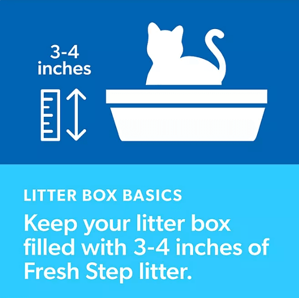 Infographic showing cat silhouette in litter box with 3-4 inches of Fresh Step litter for multiple cats