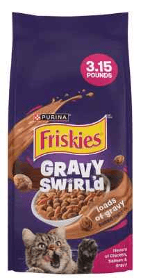 Kingly Kitty Cravings Purina Friskies Gravy Swirl 3.15 pounds premium dry cat food for adult cats