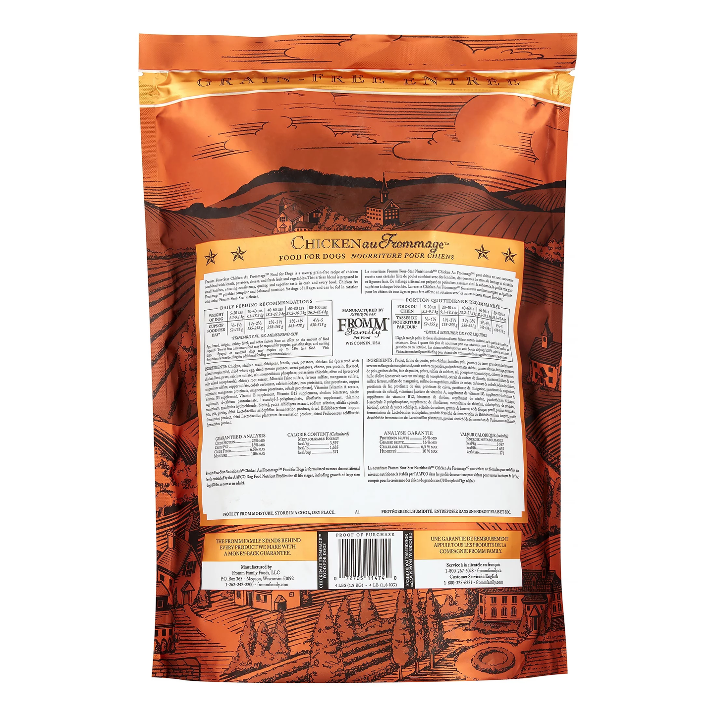 Fromm chicken au fromage dog food bag featuring nutritious ingredients and feeding guidelines on the back
