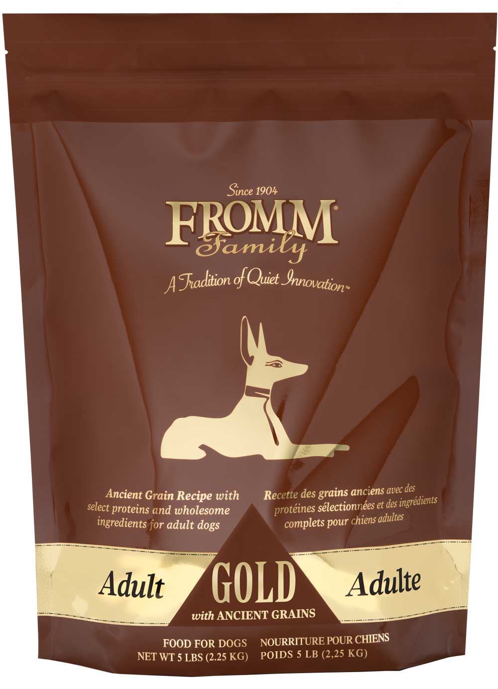 Fromm Gold adult dog food in a brown bag designed for healthy nutrition for adult dogs