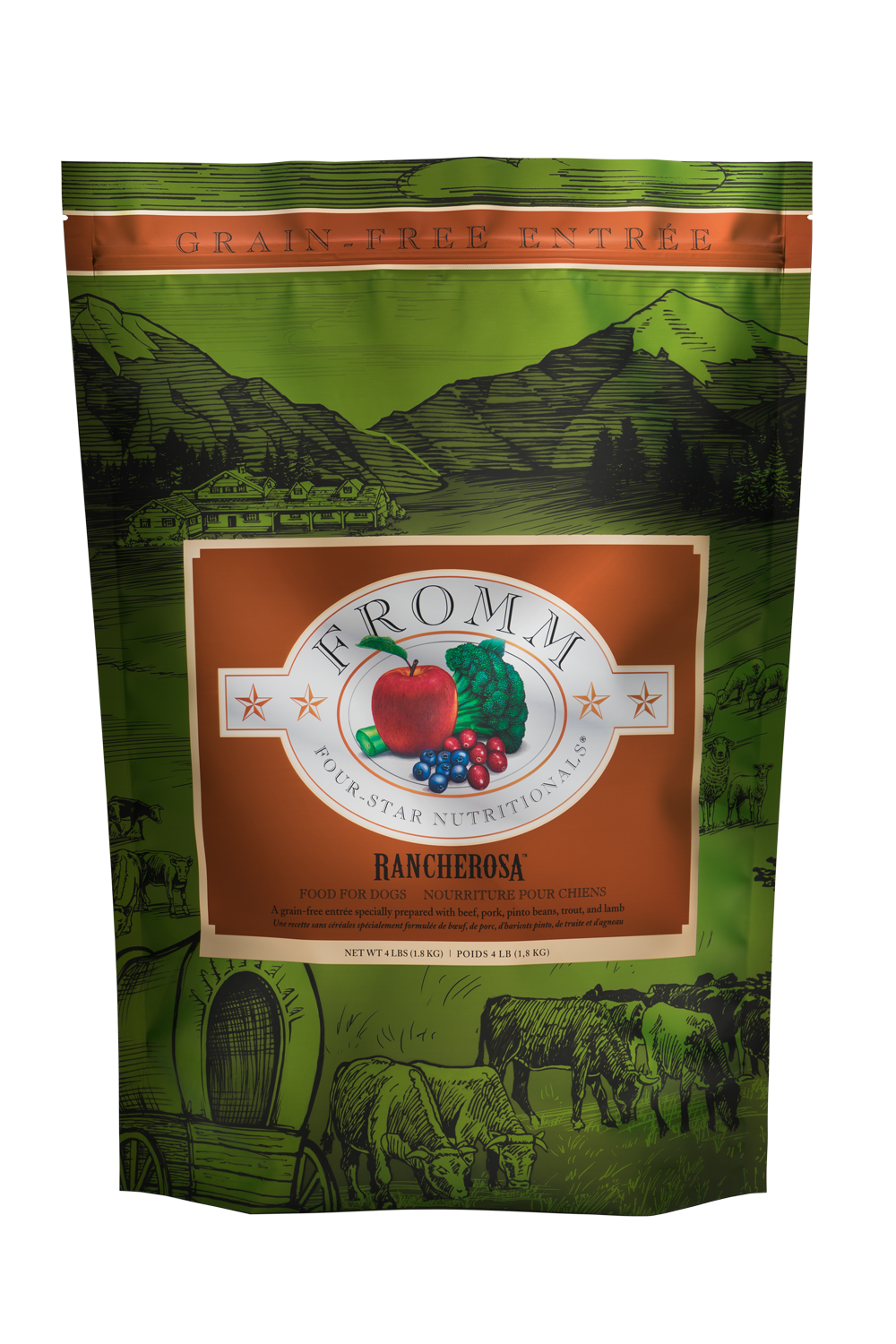 Fromm Rancherosa grain free dog food in a resealable bag with vibrant farm scenery design