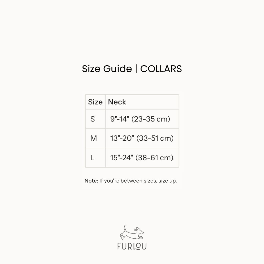 Size guide for FURLOU Canvas Dog Collar showing neck measurements for small, medium, and large sizes