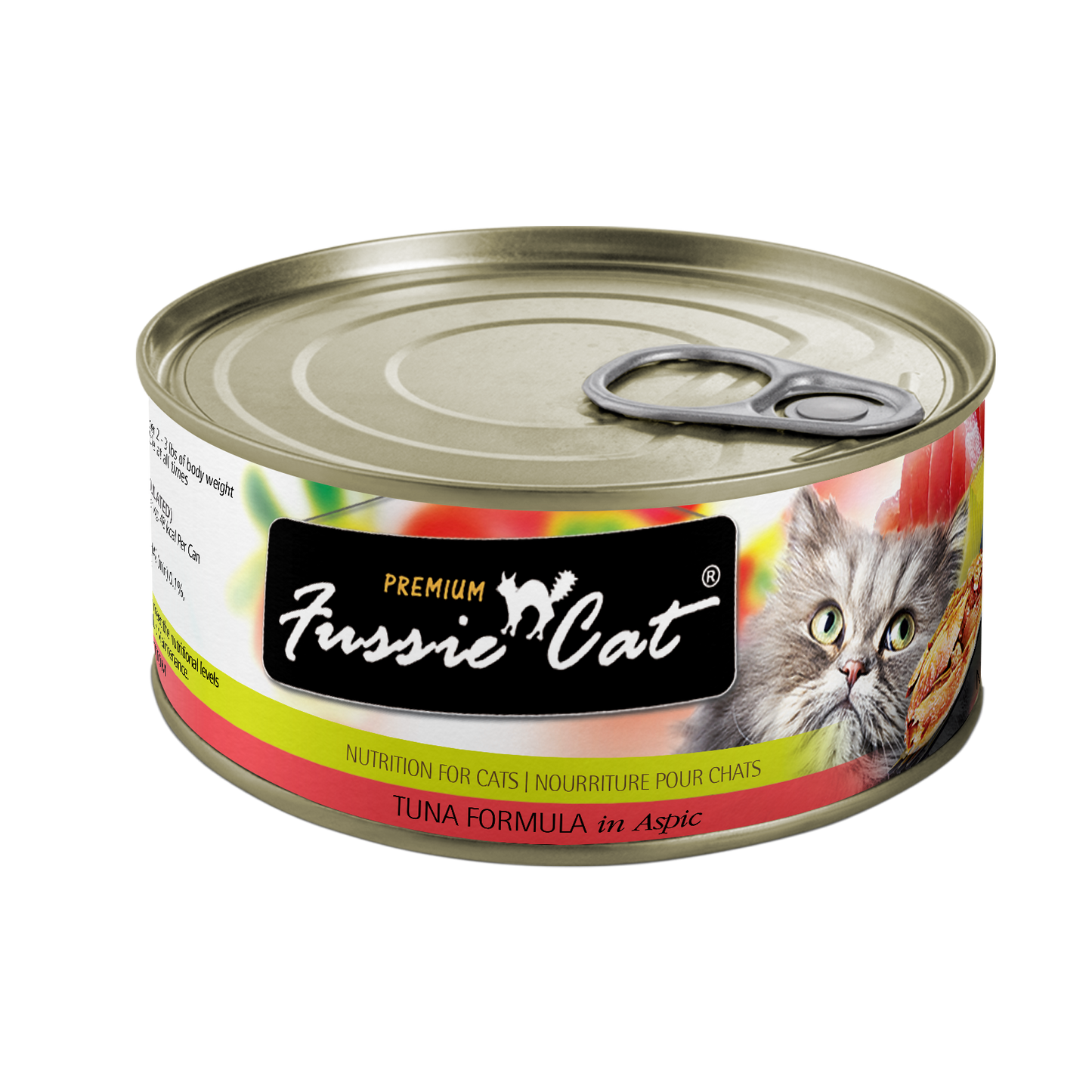 Fussie Cat wet tuna cat food in a can with easy-open lid for nutritious feline meals