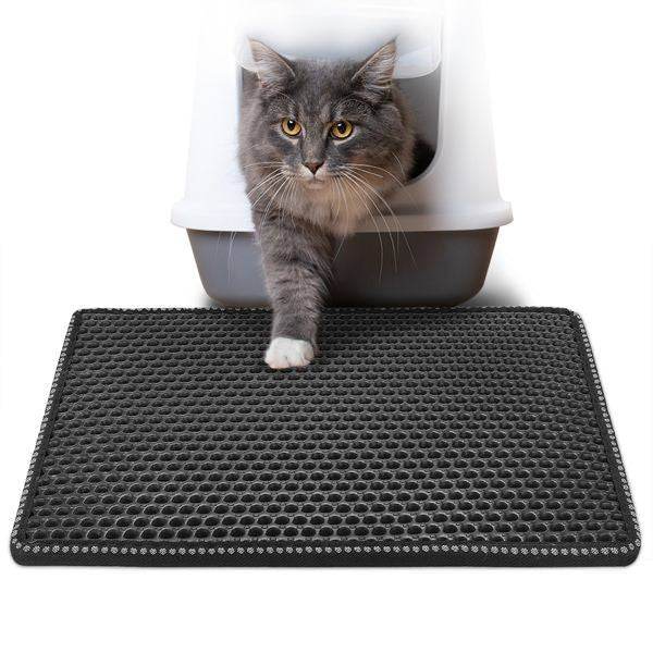 Purrfect Pet Kingdom cat litter scatter control mat with textured surface and gray cat stepping out of litter box