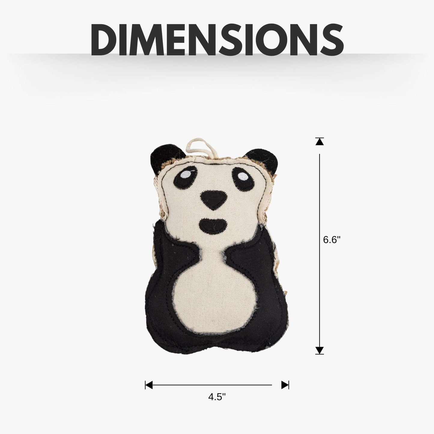 Purrfect Pet Kingdom safe chew toy for dogs shaped like a panda, measuring 4.5 x 6.6 inches