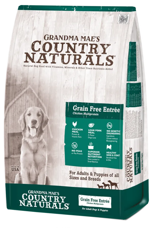 A bag of Grandma Mae's Country Naturals Dog Grain Free Multi-Protein with Chicken, Pork & Whitefish, 14lb, by The Family Pet.