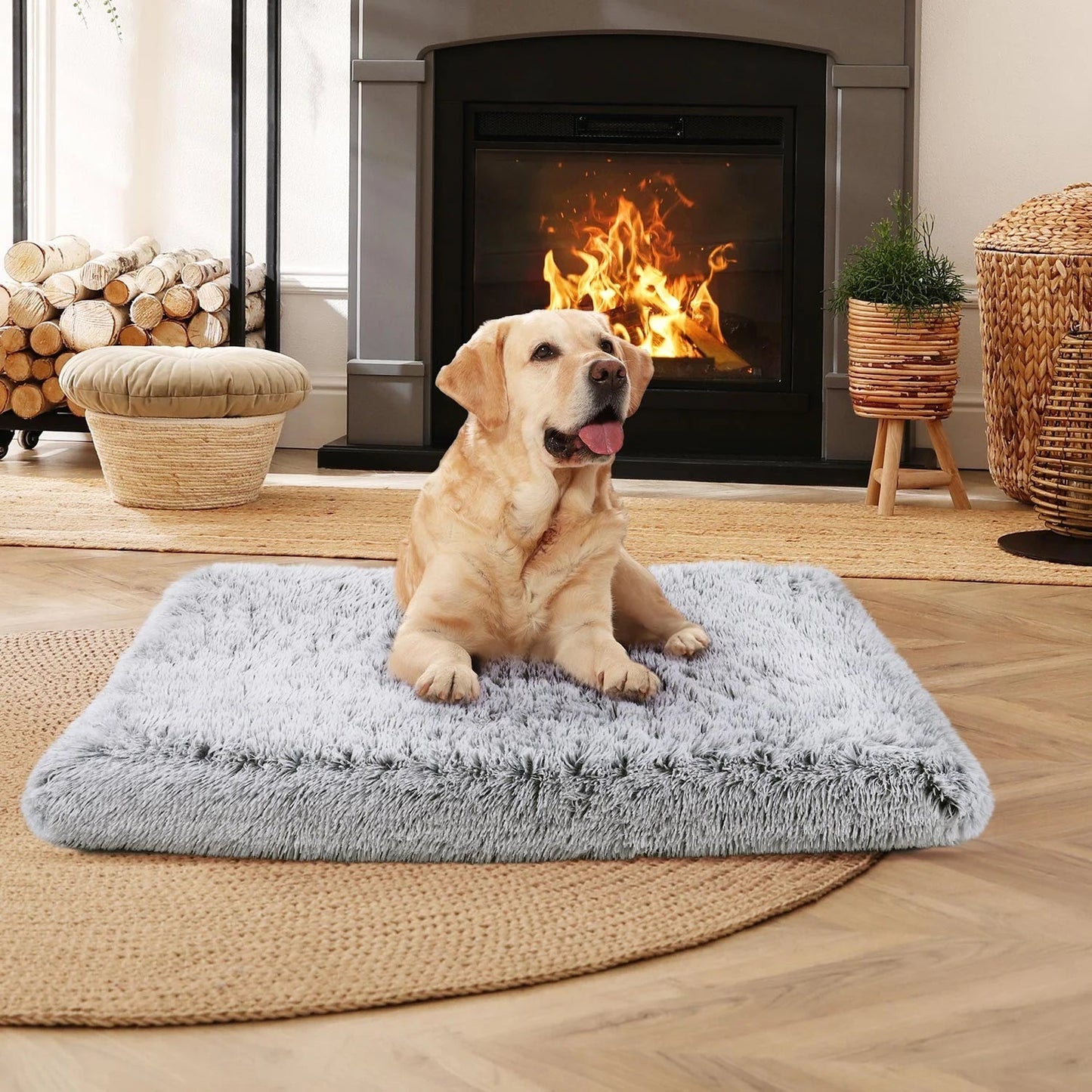 Gray large pet bed orthopedic designed for comfort, shown with a happy dog lounging in a cozy living space