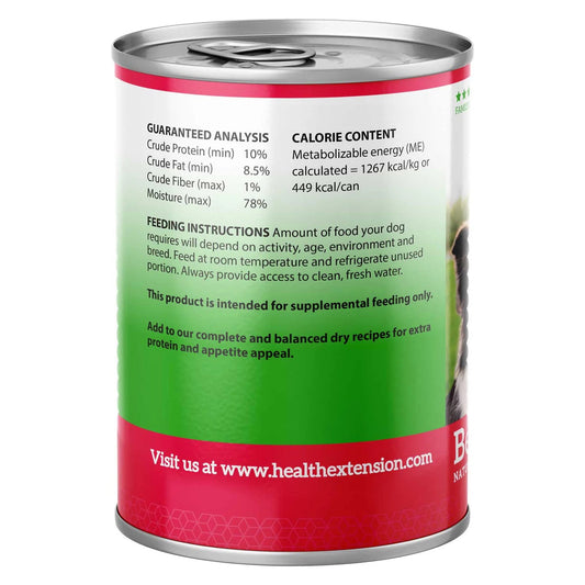 Health Extension Grain Free Beef Dog Food in a can with nutritional analysis and feeding instructions