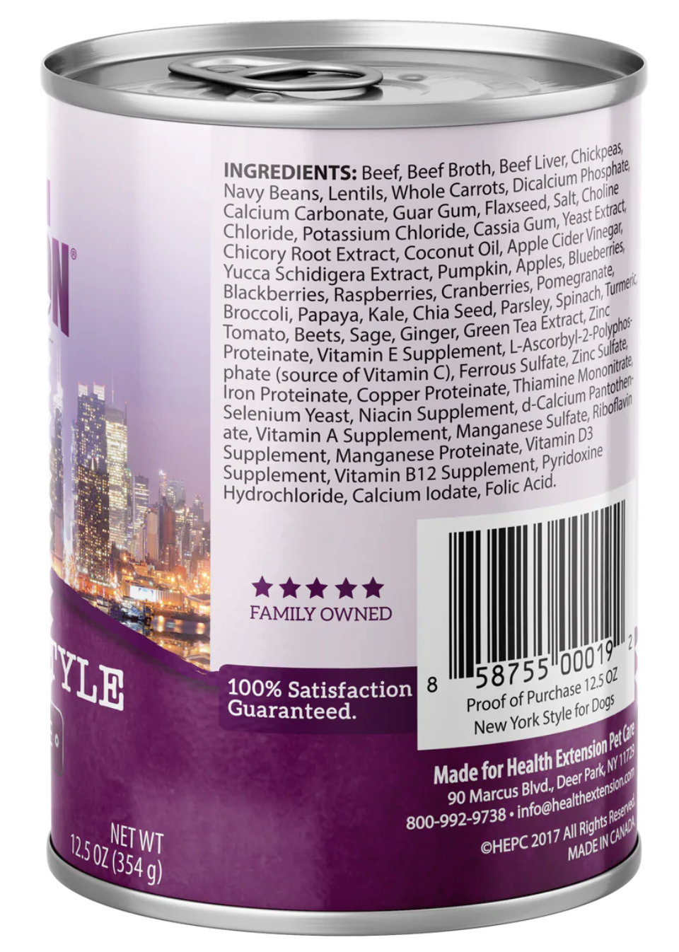 Health Extension New York Style dog food can featuring wholesome ingredients for balanced nutrition