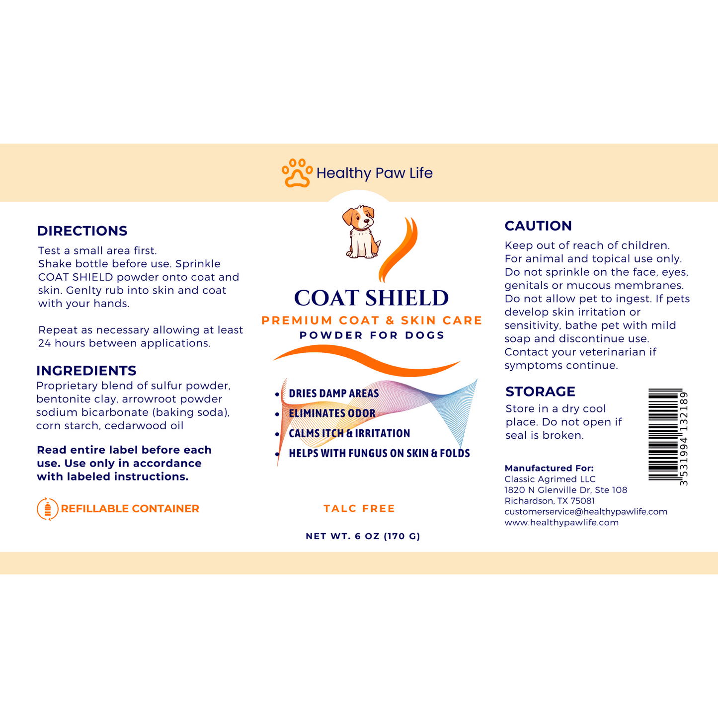 Purrfect Pet Kingdom natural pet deodorizing powder Coat Shield for dogs with paw and skin protection