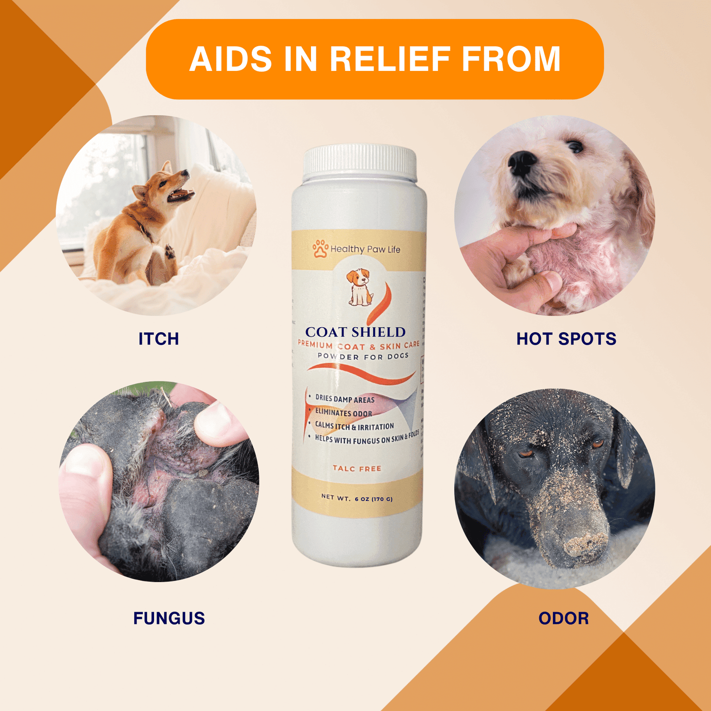Purrfect Pet Kingdom natural pet deodorizing powder Coat Shield bottle with dogs showing relief from itch hot spots fungus and odor