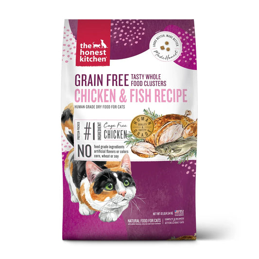 Honest Kitchen Grain Free Clusters Chicken and Whitefish Dry Cat Food (1lb) by The Family Pet, featuring a natural color b...