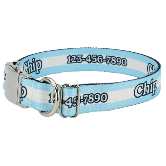 Hot Dog Collars - Personalized Light Blue Mighty Stripes Dog Collar