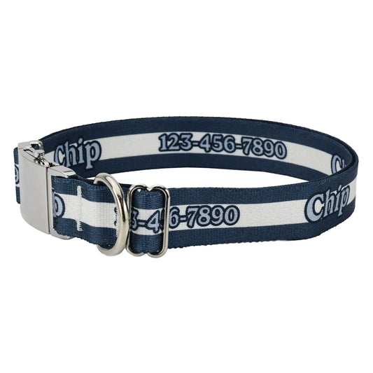 Hot Dog Collars - Personalized Navy Blue Mighty Stripes Dog Collar