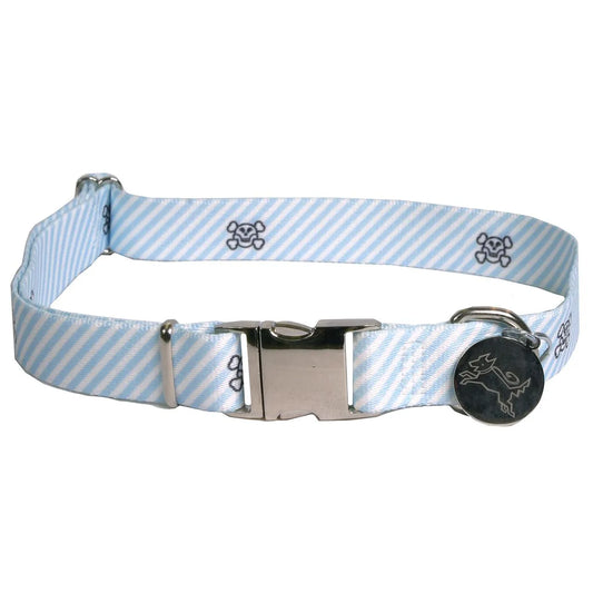 Hot Dog Collars - Southern Dawg Seersucker Blue with Skulls Premium Dog Collar