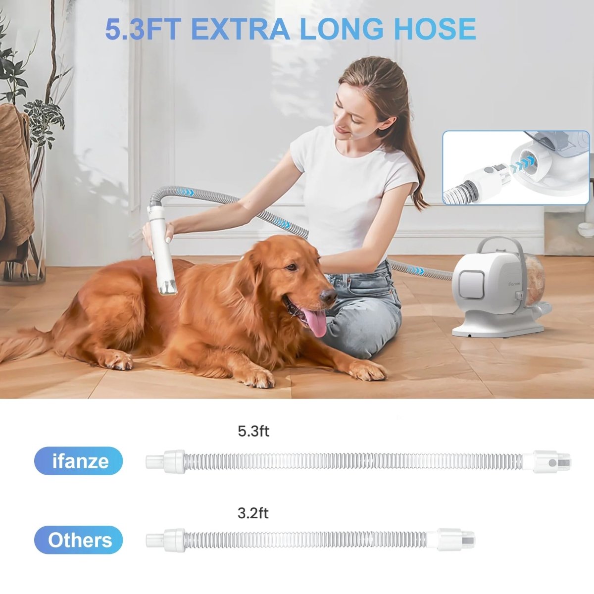 Deshedder with a 5.3ft hose, demonstrating a pet hair vacuum for dogs and cats in use at home