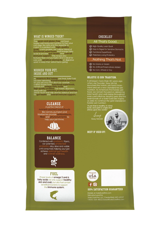 Solid Gold Adult Grain Free Winged Tiger Quail and Pumpkin Cat Food (3lb) - Dry Cat Food - The Family Pet