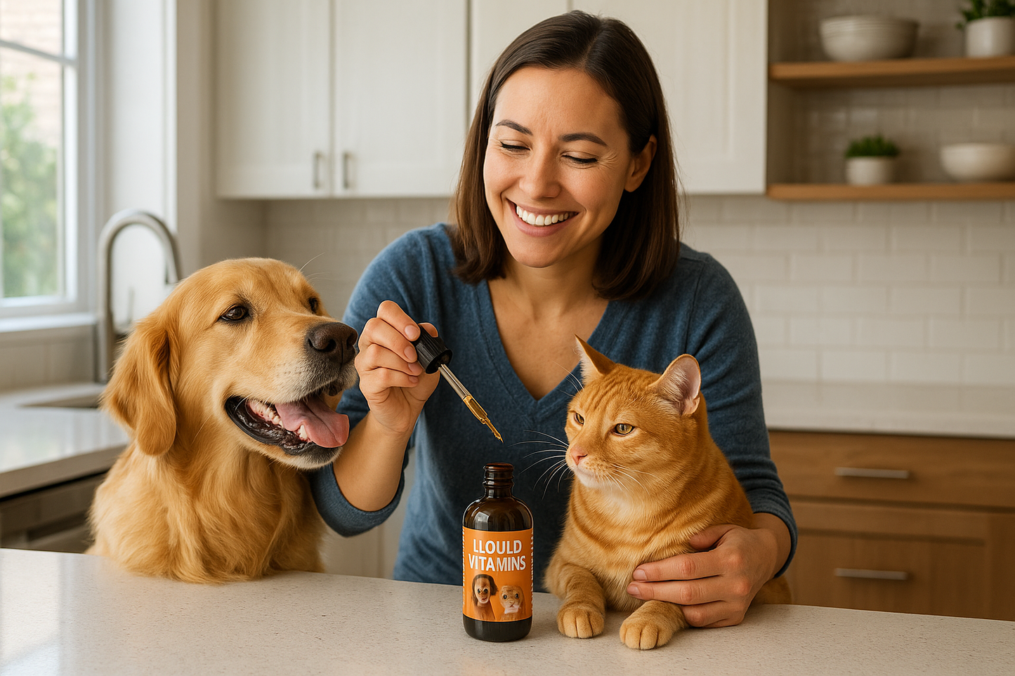 Happy Pet Owner Using Liquid Vitamins - Lifestyle Image