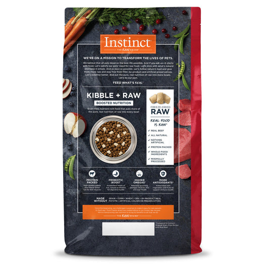Instinct Raw Boost beef dog food bag featuring kibble and raw ingredients for optimal pet nutrition