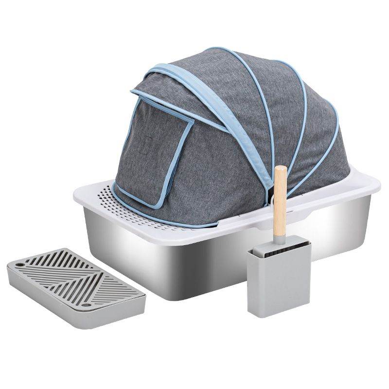 Purrfect Pet Kingdom jumbo stainless steel cat litter box with high sides gray cover and cleaning scoop