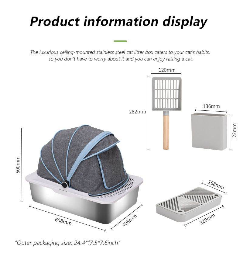 Jumbo stainless steel cat litter box with removable high-sided design and fabric cover by Purrfect Pet Kingdom