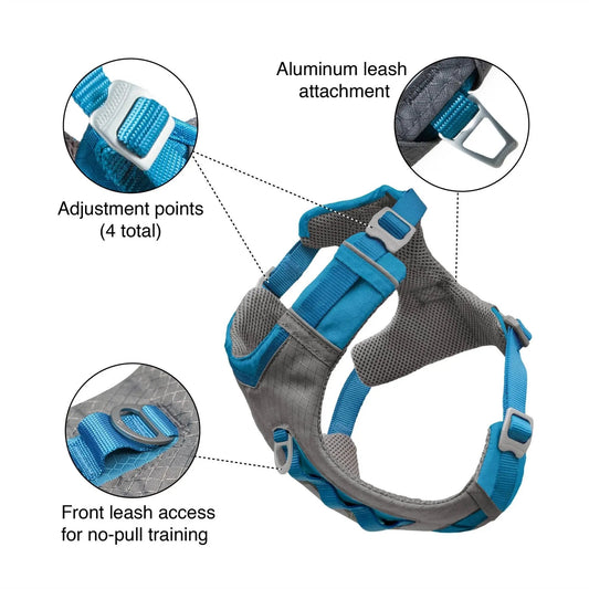 K9 Outdoors padded dog harness for hiking featuring adjustable points and front leash access