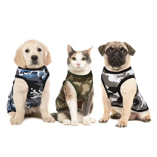 Three pets wearing large dog summer camo shirts in various colors for stylish outdoor adventures