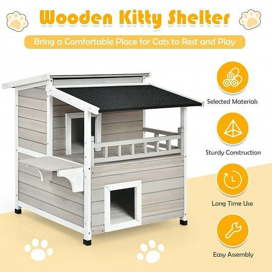 Large outdoor cat shelter weatherproof made of durable wood with a multi-level design for play and rest