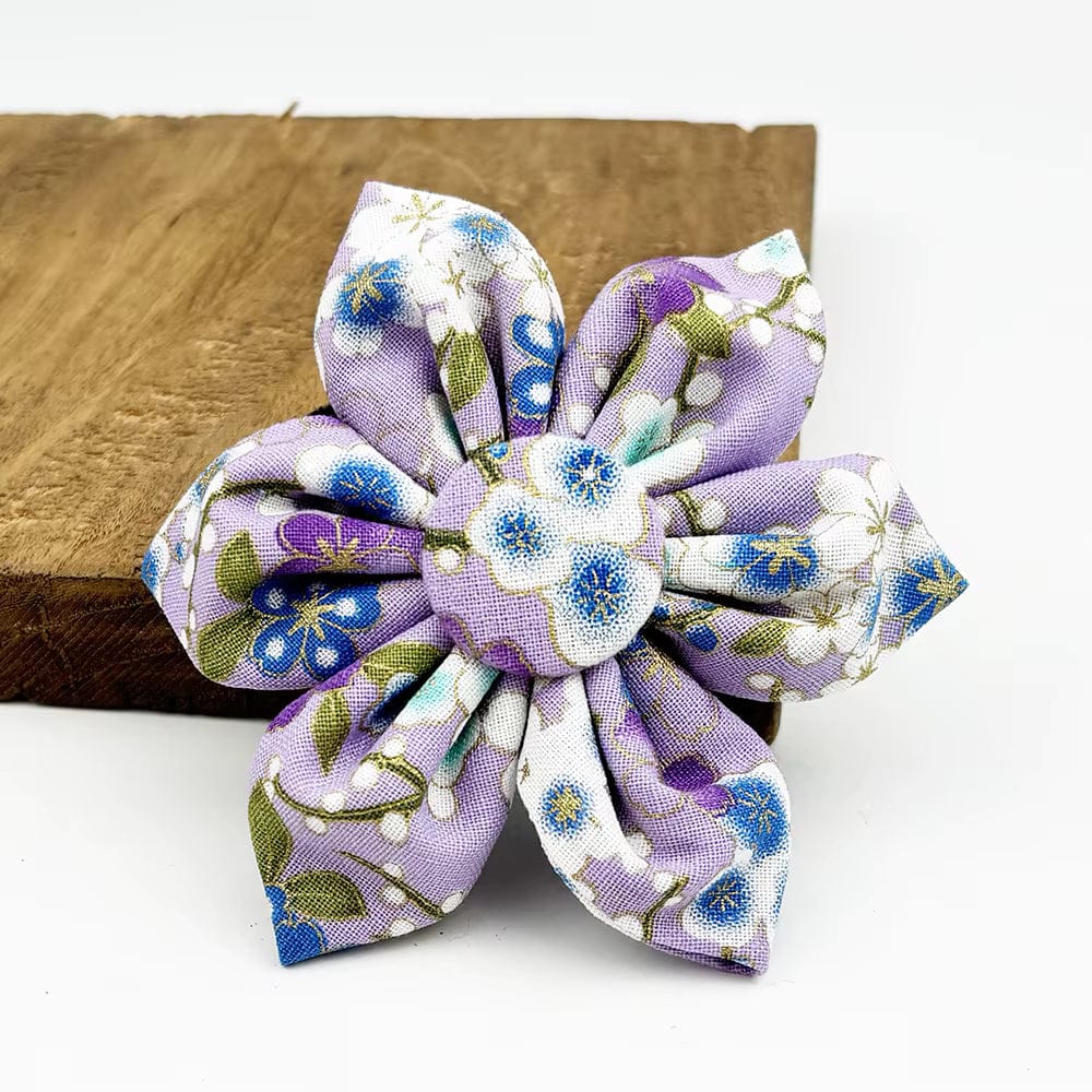 Purrfect Pet Kingdom lilac fabric flower dog harness accessory with white/blue meadow floral print & center button.