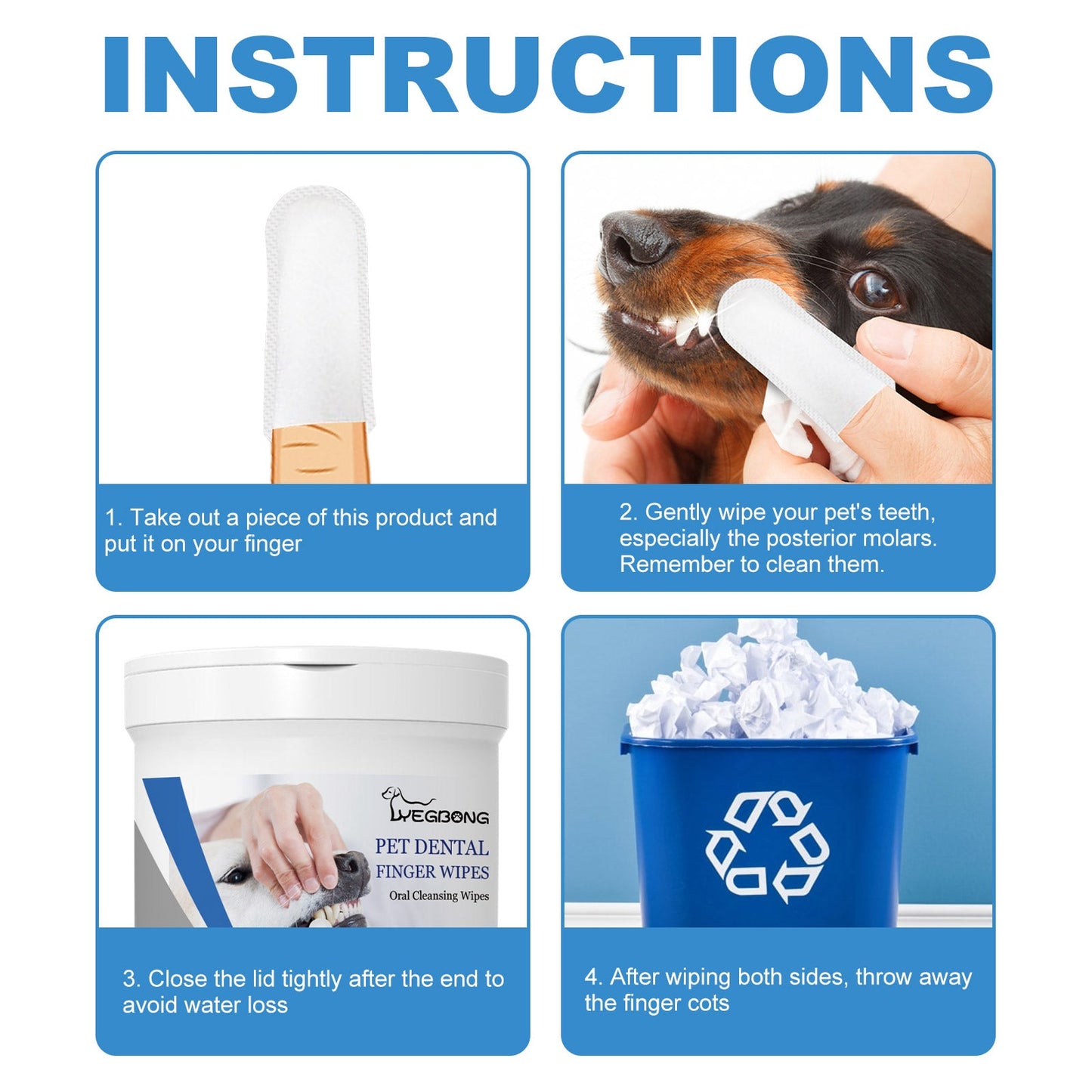 Instructions for using tartar removal wipes for dogs with a finger applicator and cleaning steps