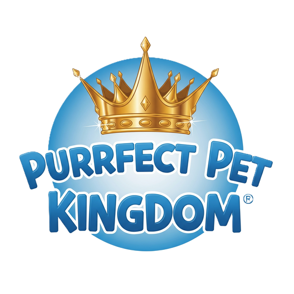 Logo of Purrfect Pet Kingdom with a gold crown on a blue circle background