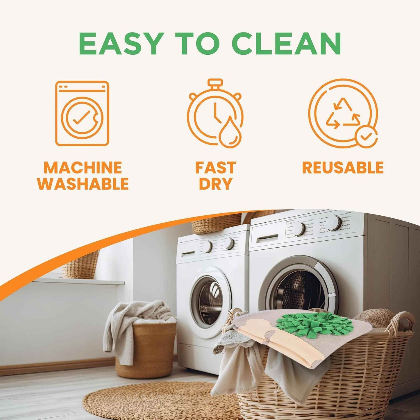 Purrfect Pet Kingdom snuffle mat for large dogs displayed on laundry basket with machine washable, fast dry, and reusable features