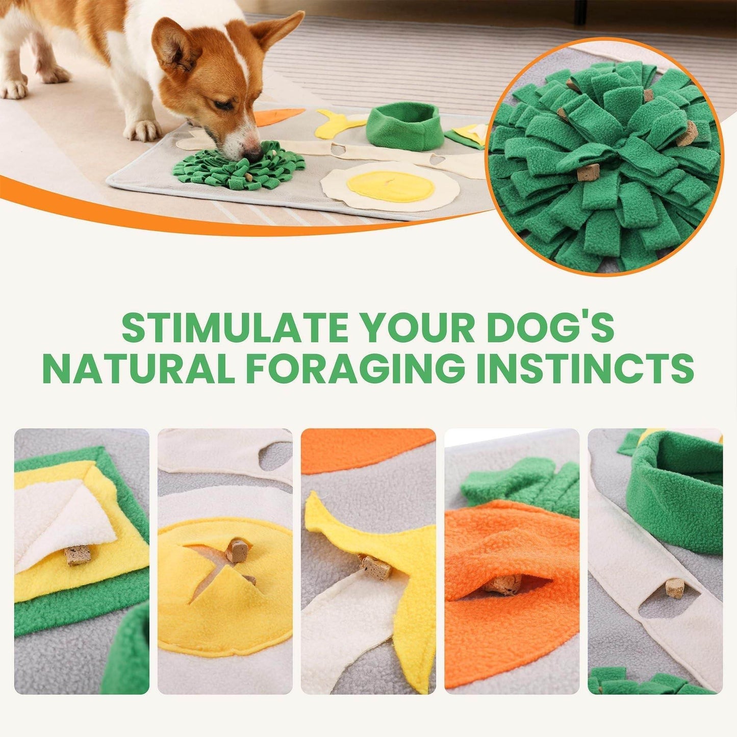 Purrfect Pet Kingdom snuffle mat for large dogs with green fabric folds and a dog using it to forage treats