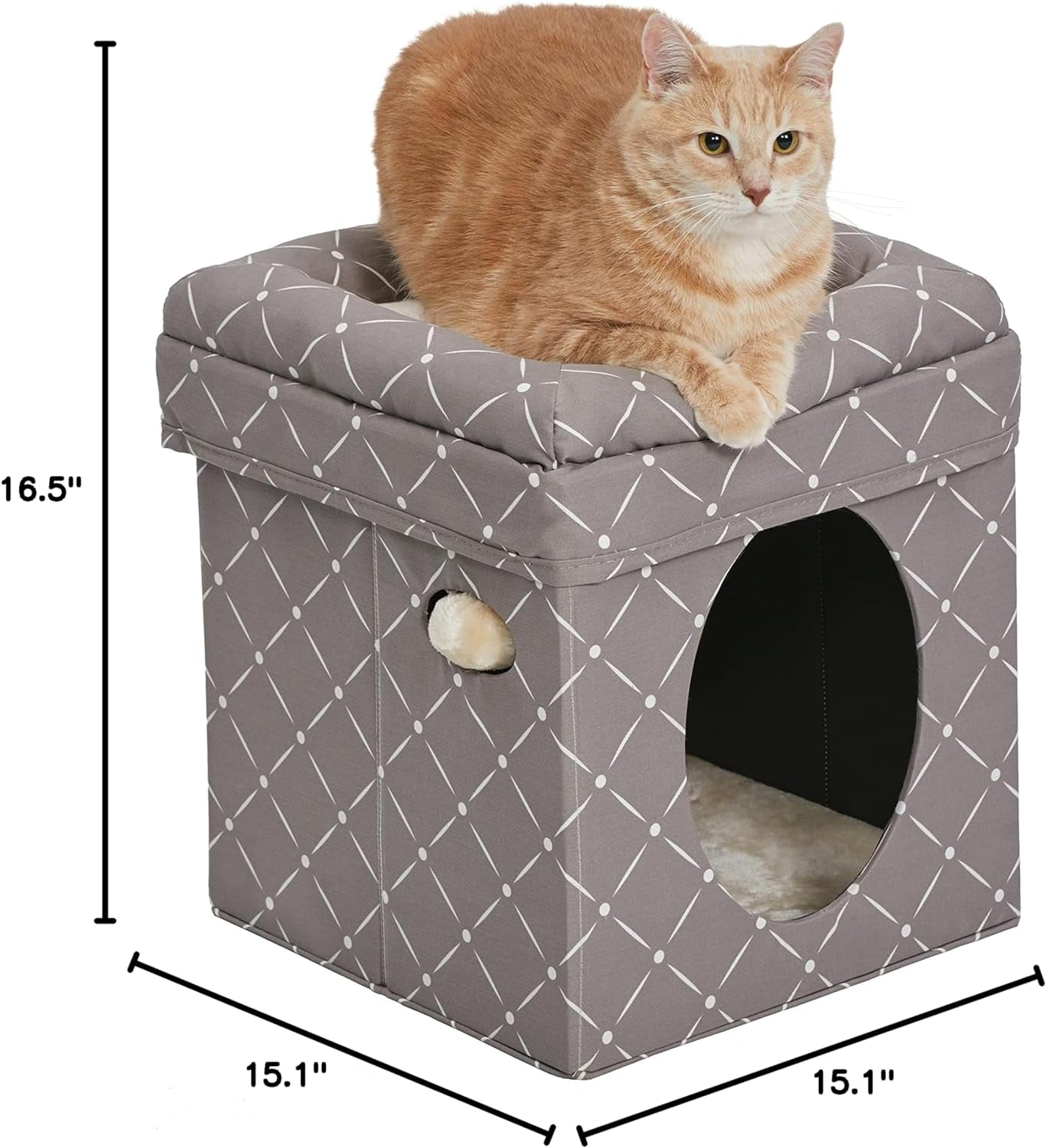 Luxury cat hideaway cube in gray with white pattern and a comfortable top resting place for cats
