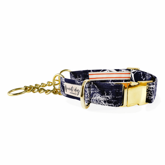Luxury dog collar nautical design featuring a stylish pattern and gold hardware for trendy pets