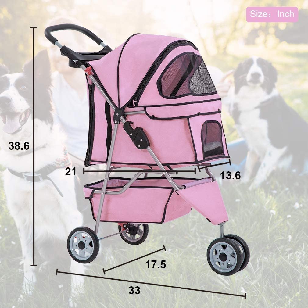 Luxury pink pet stroller with mesh windows and large wheels for easy mobility in the park