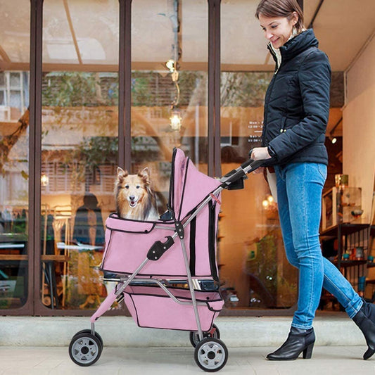 Luxury pink pet stroller for dogs featuring a sturdy design and comfortable seating