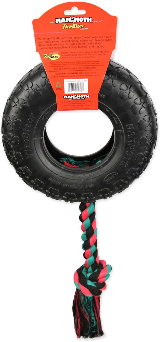 Mammoth Tire Biter dog toy with a durable rubber tire and colorful braided rope for interactive play