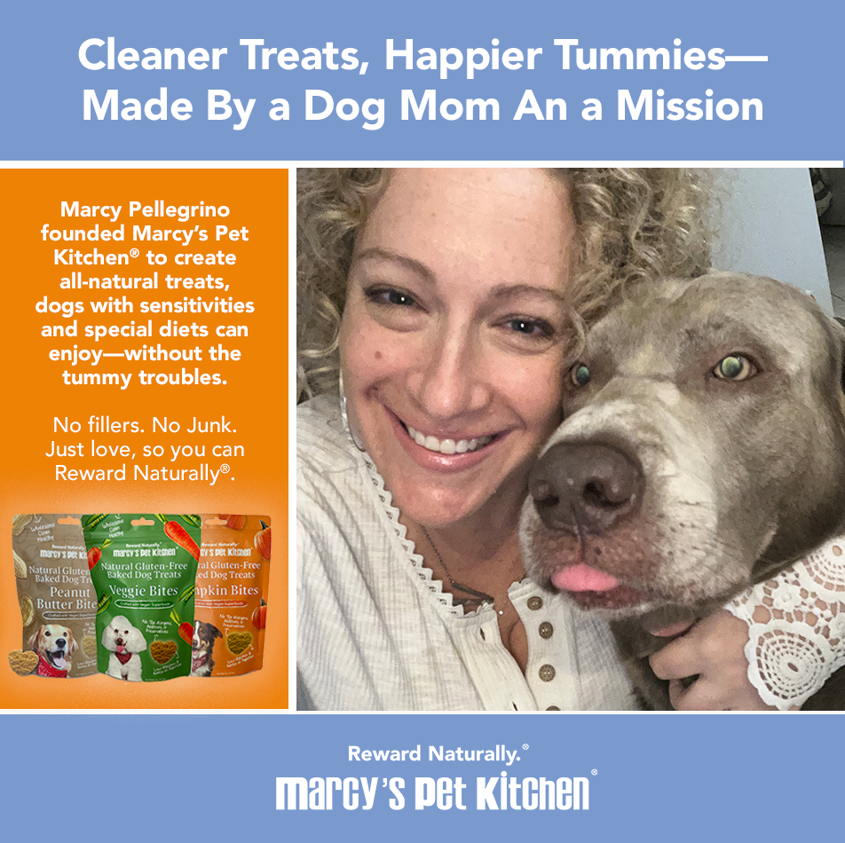 Marcy's Pet Kitchen natural dog treats for sensitive pets with happy dog and owner featured