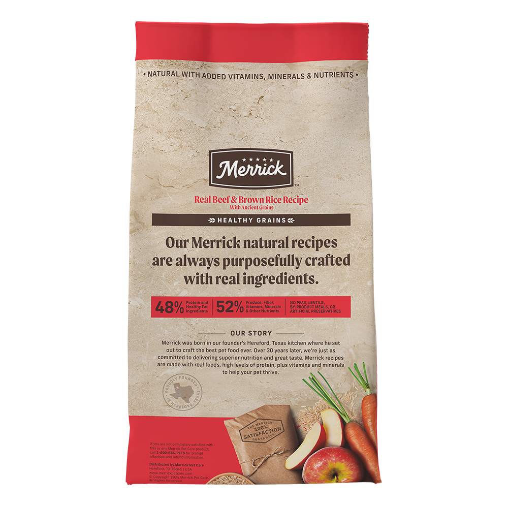 Merrick beef and brown rice dog food bag showcasing natural ingredients and high protein content