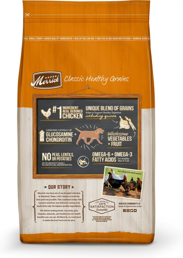 Merrick Classic Healthy Grains dog food bag featuring chicken, vegetables, and healthy grains