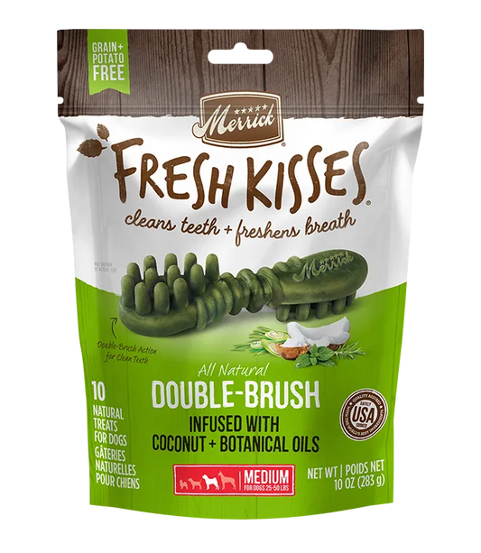 Merrick Fresh Kisses Coconut Dental Treats for medium dogs, 10oz, by The Family Pet, featuring a light brown color and pac...