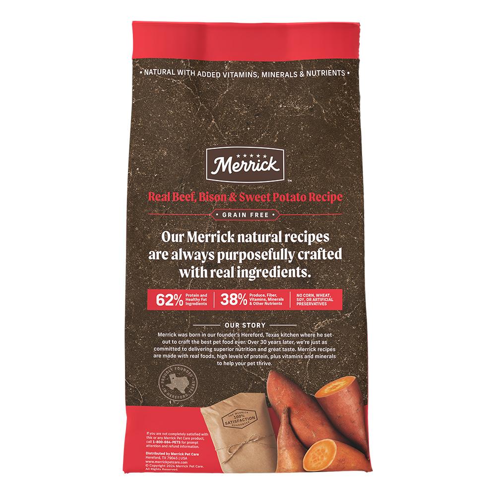 Merrick grain free beef and bison dog food bag featuring real beef and sweet potato recipe
