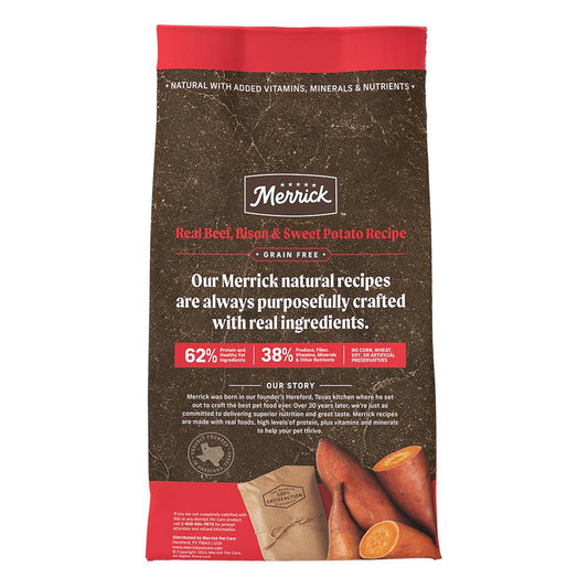 Merrick grain free beef and bison dog food bag featuring real beef and sweet potato recipe