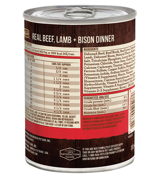Merrick grain free beef lamb bison dog food can with ingredients and nutritional analysis on the label
