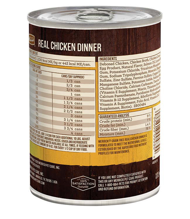 Merrick grain free chicken wet dog food can with nutrition facts and ingredients listed
